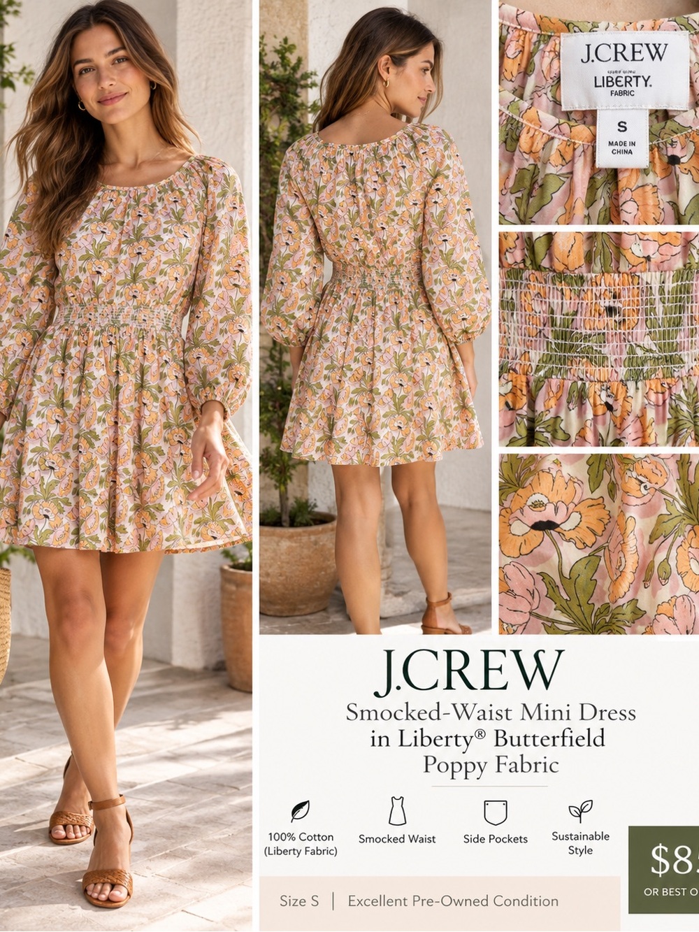 J.Crew Liberty® Butterfield Poppy Floral Smocked-Waist Mini Dress Size S